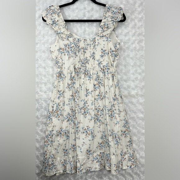 Old Navy Womens M Cream & Blue Floral Print Mini Fit & Flare Sleeveless Sundress - Picture 2 of 8